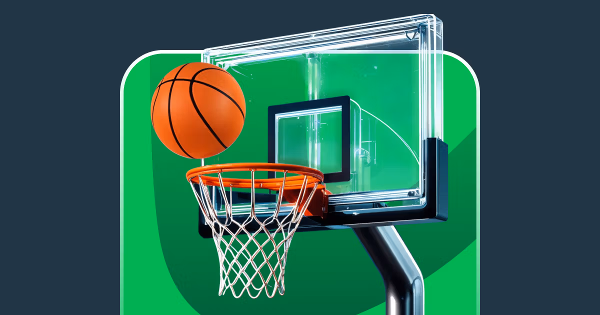 Abstract 3D basketball dropping through a hoop, representing NBA betting markets
