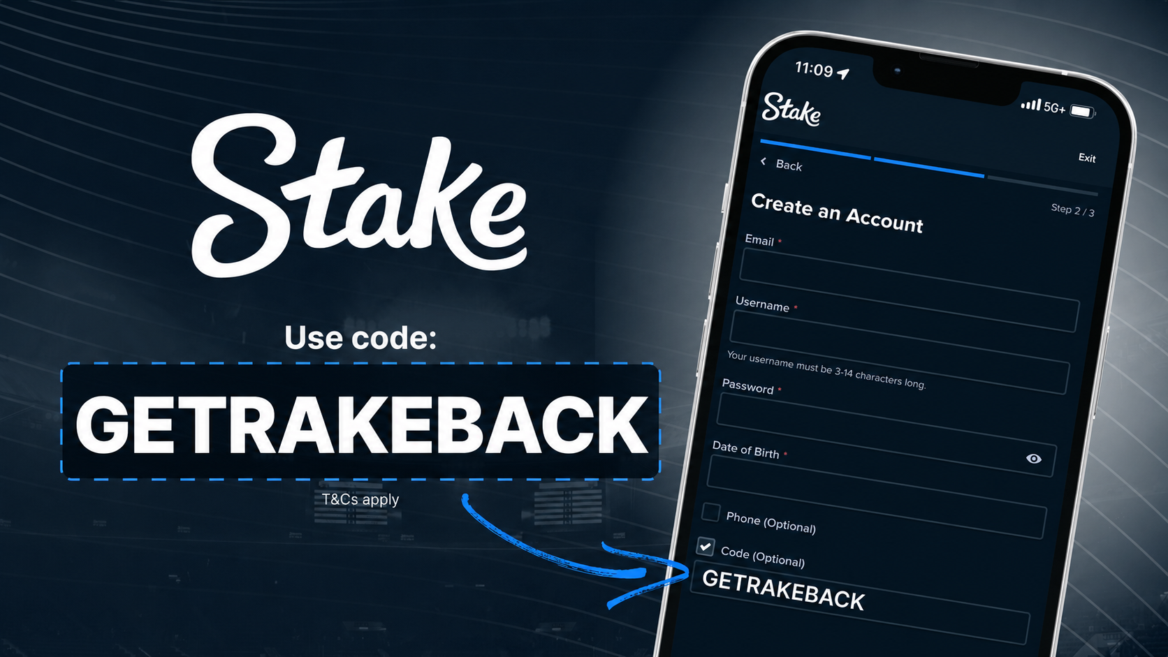 Stake promo code GETRAKEBACK activation example shown during account sign-up